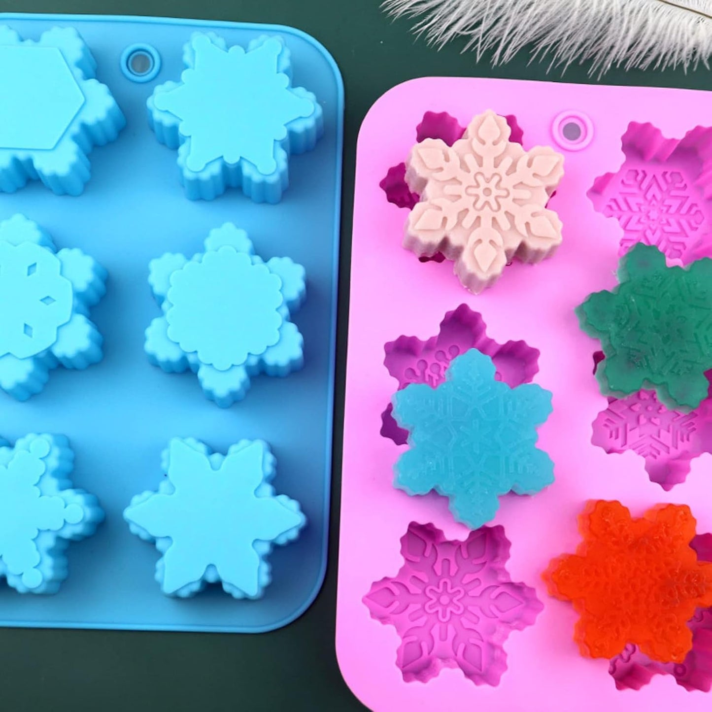 Silicone Snowflake Molds - 2 Pcs Christmas Soap Molds Non-Stick 3D Snowflake Candle Bath Bomb Mold Christmas Baking Tray Cake Cupcake Backing Mold Chocolate Candy (Pink/Blue)