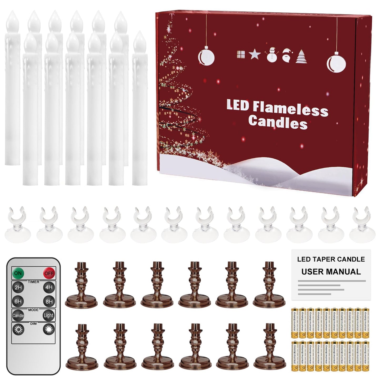 Kithouse Flameless LED 12 Pack Window Candles with Drip Texture,Removable Candle Holders,24 AAA Batteries,Daily Timer,ON/Off Remote,12 Window Suction Cups,Christmas Home Wedding Decor (Brown)
