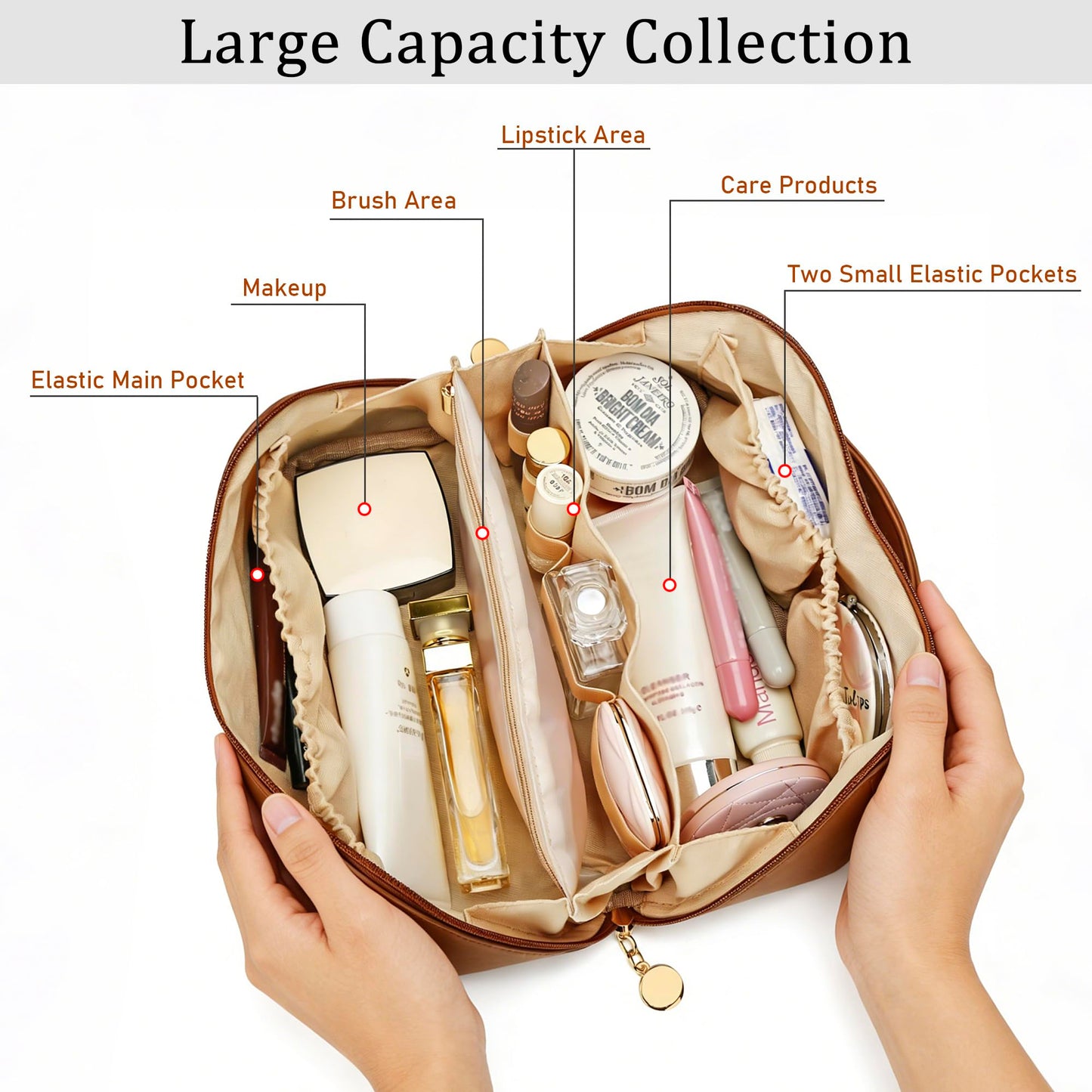 CLOUDWINGS Initial Makeup Bag Gifts for Women Bridesmaid Gifts Travel Toiletry Personalized PU Leather Waterproof Cosmetic Bag (Large-Brown-J)