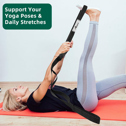 Abiarst Stretching Strap Yoga Straps for Physical Therapy, 10 Loops Non-Elastic Stretch Band for Pilates, Flexibility, Exercise and Gymnastics (2-Pack (Black+Back))