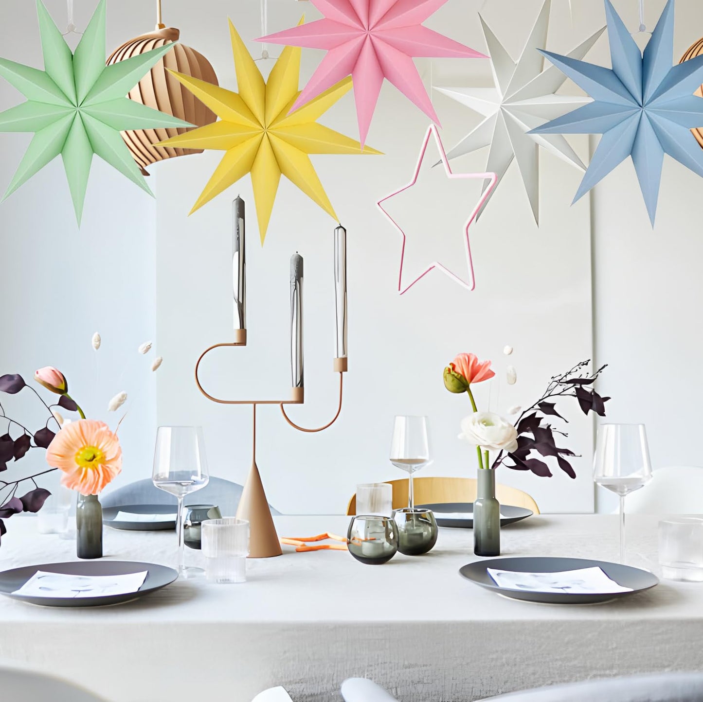 5 PCS Paper 9-Pointed Star Lanterns Hanging Stars Christmas Party Decorations Hanging Lampshade Christmas New Year Wedding Birthday Home Party Decorations(12 Inch) (Macaron 5PCS)