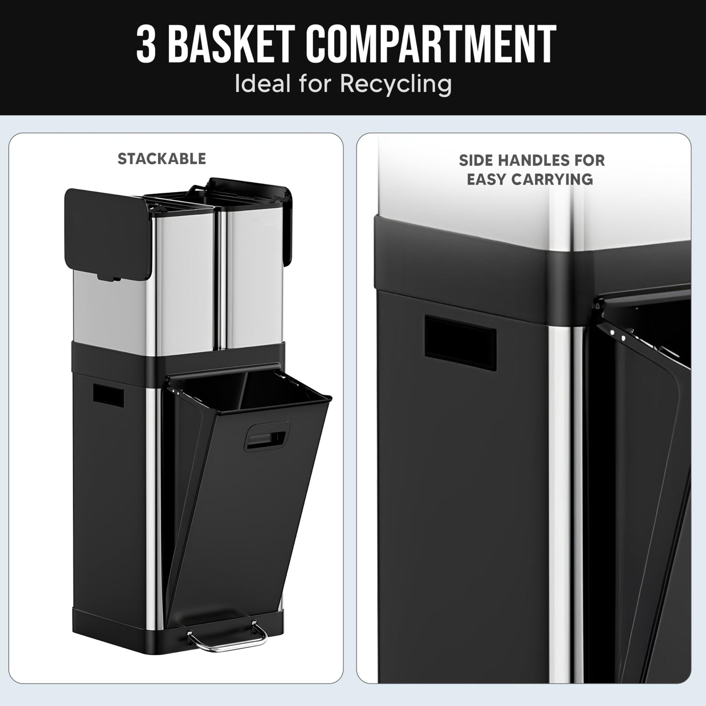 HOLDN’ STORAGE 32L Triple-Compartment Trash & Recycling Bin for Kitchen, 2 Removable Hook-On Bins, Multi-Access Opening, Odor Control, Stainless Steel, 3 Trash Bag Rolls Included