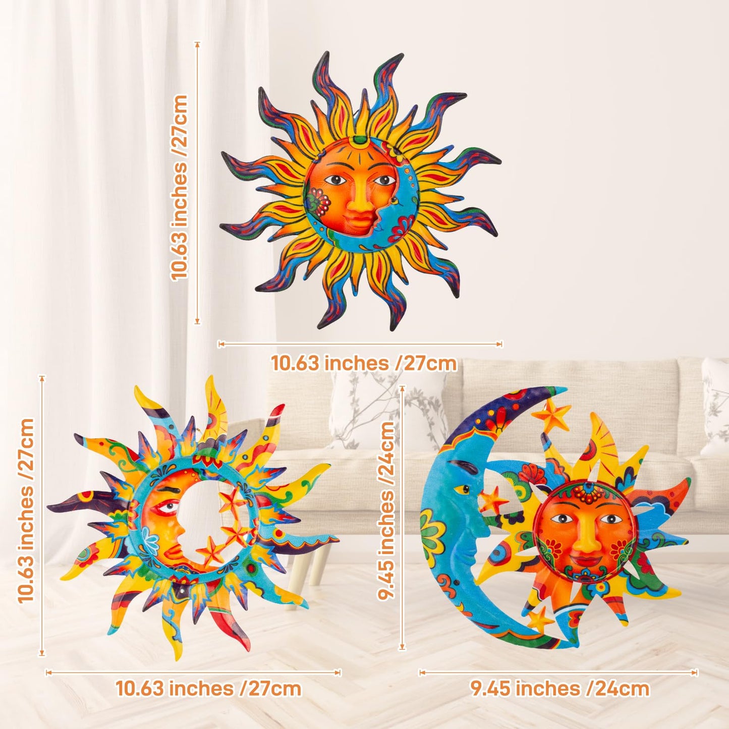 dreamskip 3 Pack Sun and Moon Wall Decor, Hanging Sun Moon & Stars Metal Wall Art, Sun Face Outdoor Wall Decor for Garden Fence Patio Yard Living Room Bedroom Decorations