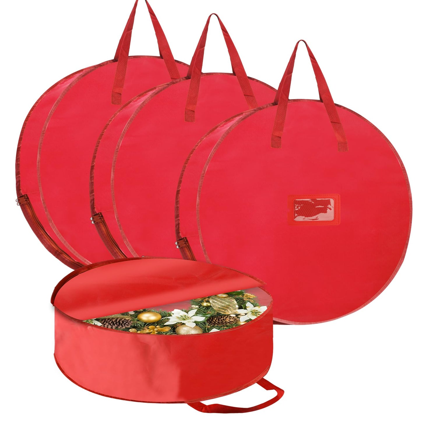 YAYODS 4 Pack Wreath Storage Container 36 Inch Christmas Wreath Storage Bag, 420D Oxford Wreath Holder with Zipper and Handles for Xmas Holiday, Decorations (Red)