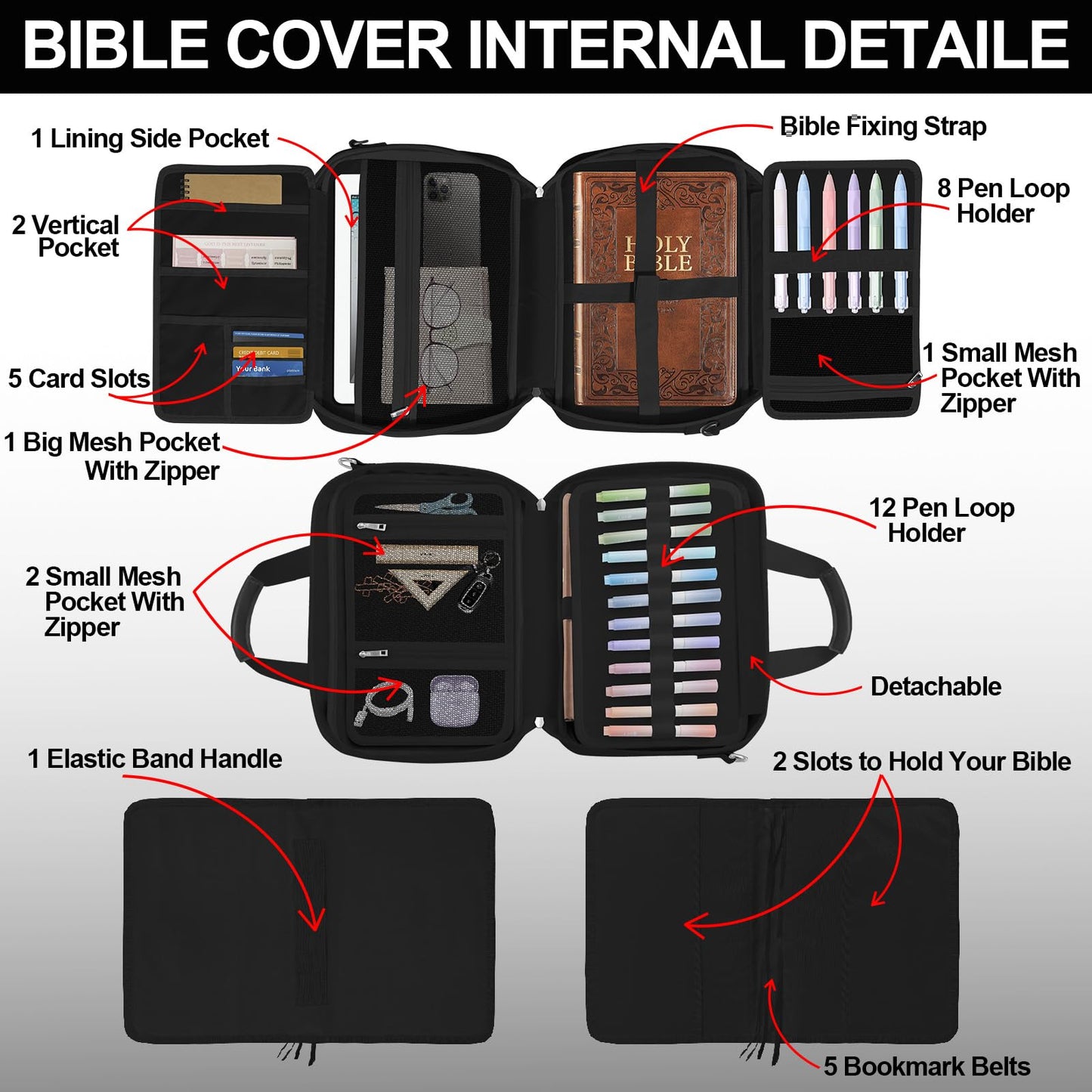 Large Bible Cover Case for Boys Mens, Book Carrying Case with Highlighters Tabs Pens, Bible Bag for Men Organizer, Bible Holder Bible Study Supplies Journaling Kit, Christian Gifts Black