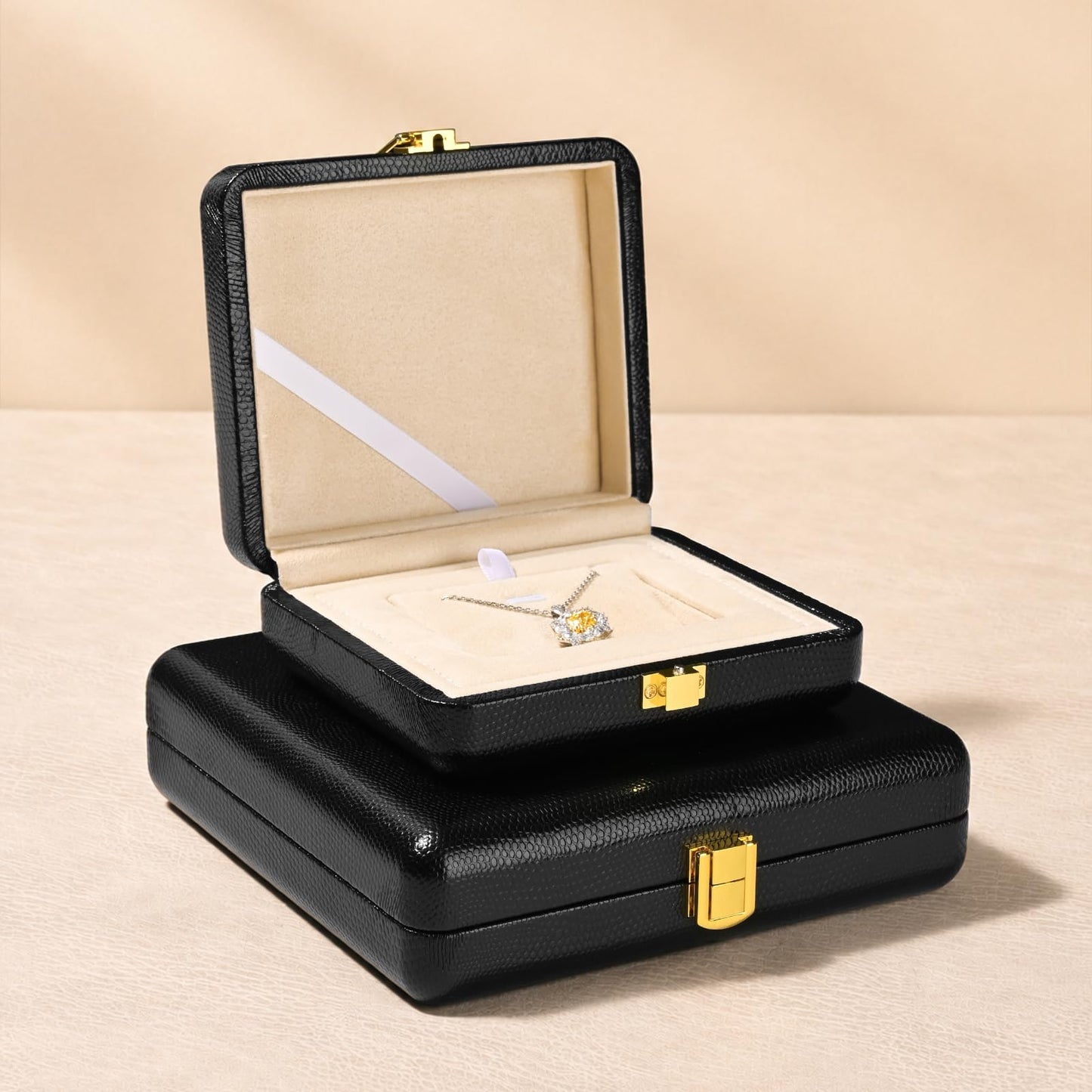 Oirlv Black Leather Jewelry Set Box with Gold Clasp, Luxury Velvet Lined Organizer for Rings, Necklaces & Earrings