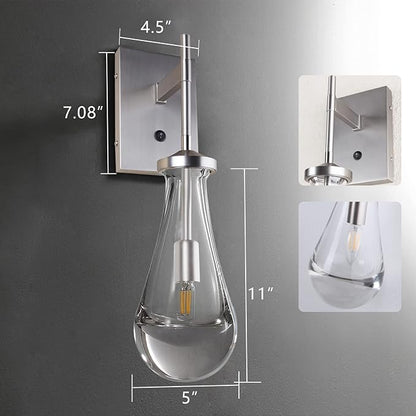 HuisMier Brushed Nickel Wall Sconce, Raindrop Wall Sconces with On Off Switch Button, Modern Clear Glass Wall Light Fixture Vanity Wall Lamp for Bathroom Bedroom Living Room Hallway