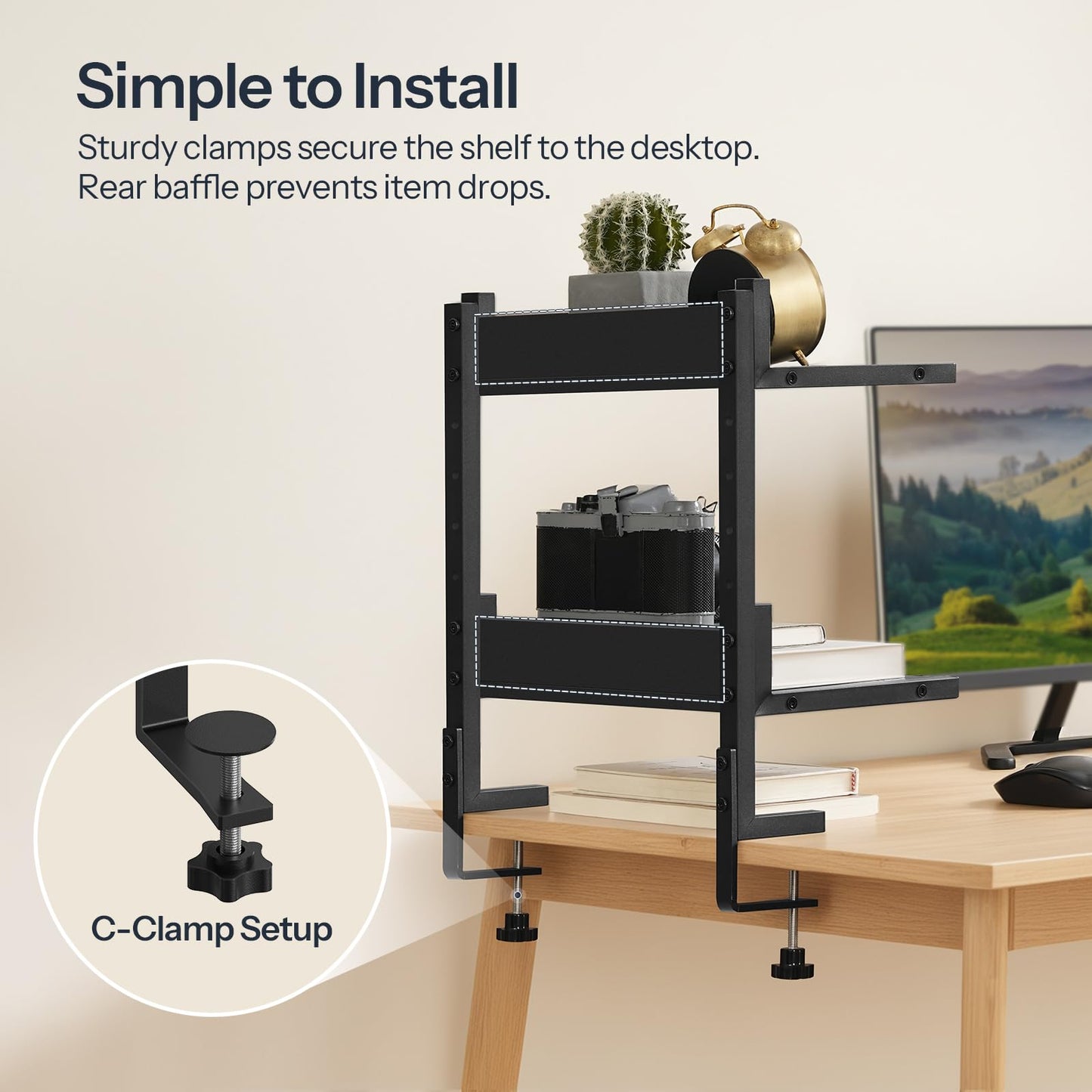 HOOBRO Clamp On Desk Shelf, 2-Tier Desktop Organizer, Space-Saving Desk Shelf with Adjustable Shelves, for Office, Study, Entertainment Accessories, Black BK32SJ01