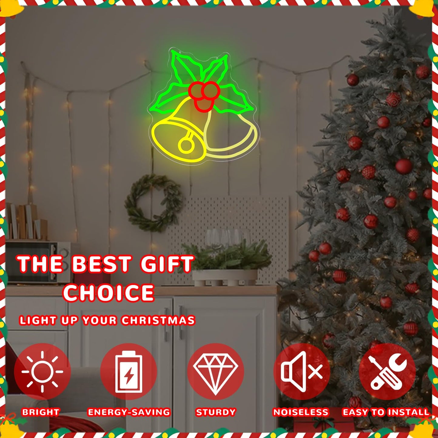 hhuohuona Christmas Bells Neon Signs for Wall Decor Dimmable Neon Christmas Sign Flashing Bell with Holly Led Sign Xmas Light Up Sign Led Window Lights for Home Party
