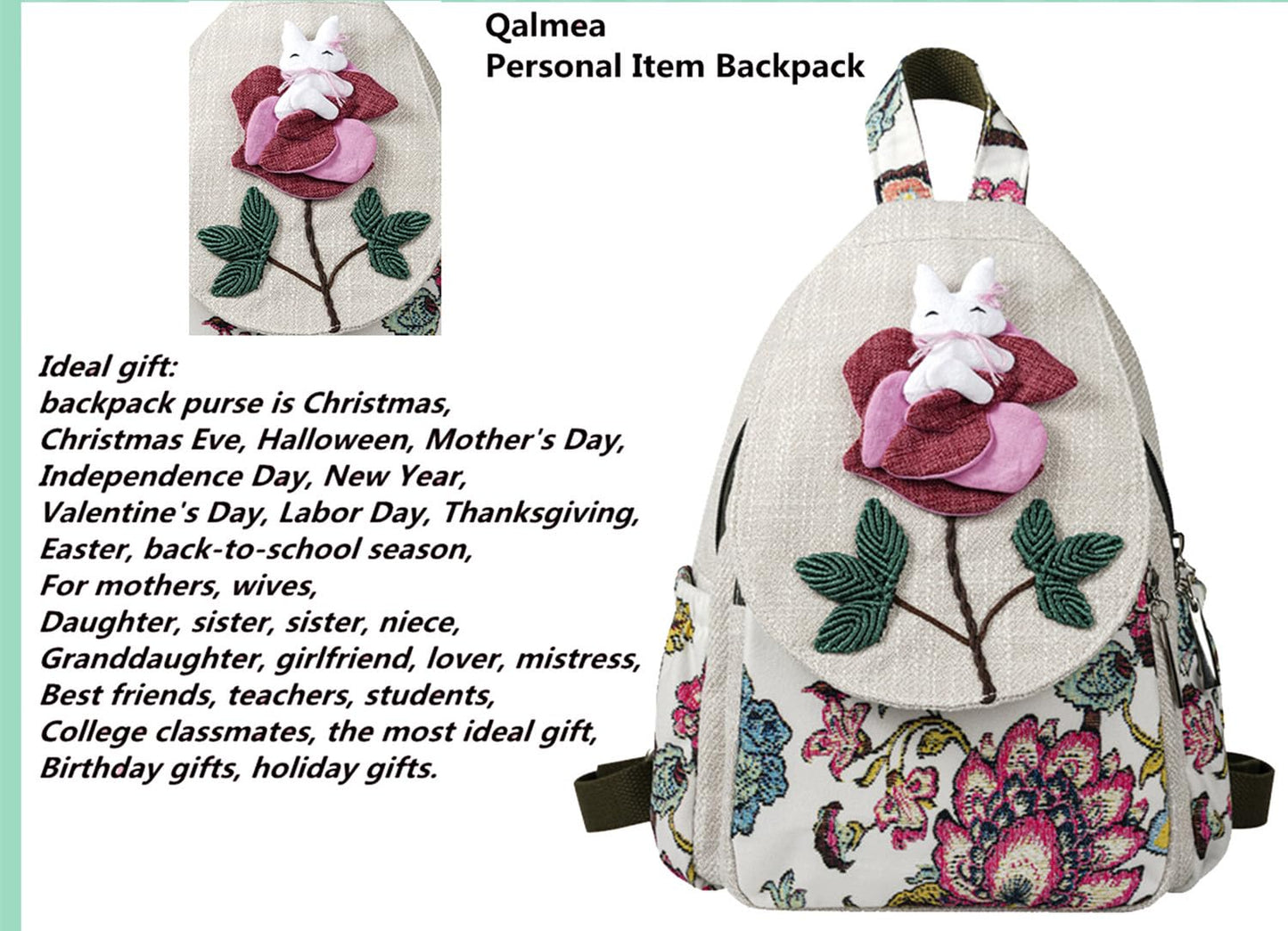 Qalmea Small Backpack for Women，Hippie Backpack Handmade Canvas Bags Casual Mini Handbag（Rabbit Pattern）