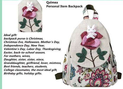 Qalmea Small Backpack for Women，Hippie Backpack Handmade Canvas Bags Casual Mini Handbag（Rabbit Pattern）
