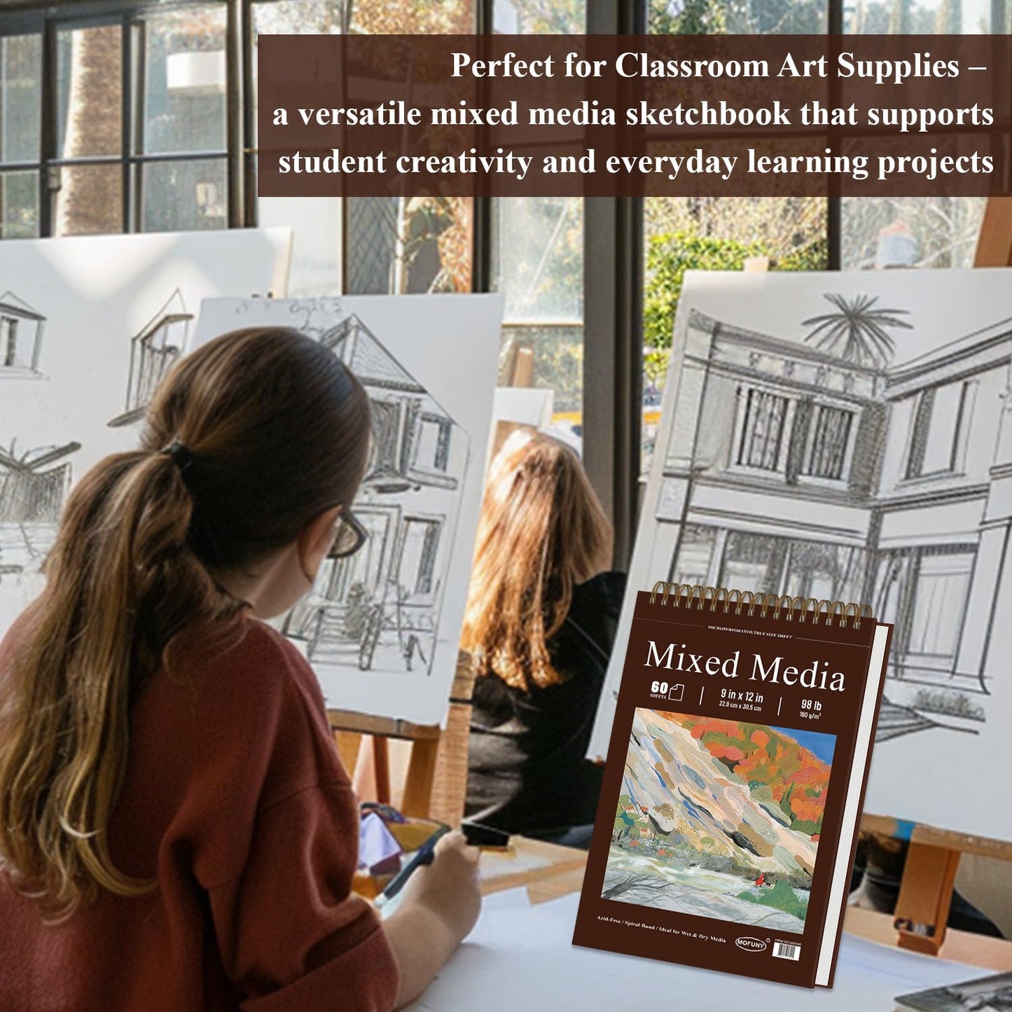 Mixed Media Sketchbook 9" x 12", 60 Sheets Each (98lb/160gsm), 2 Pack, Heavyweight Drawing Papers, Top Spiral Bound Hardcover Sketchbook, for Wet and Dry Media, Drawing, Painting