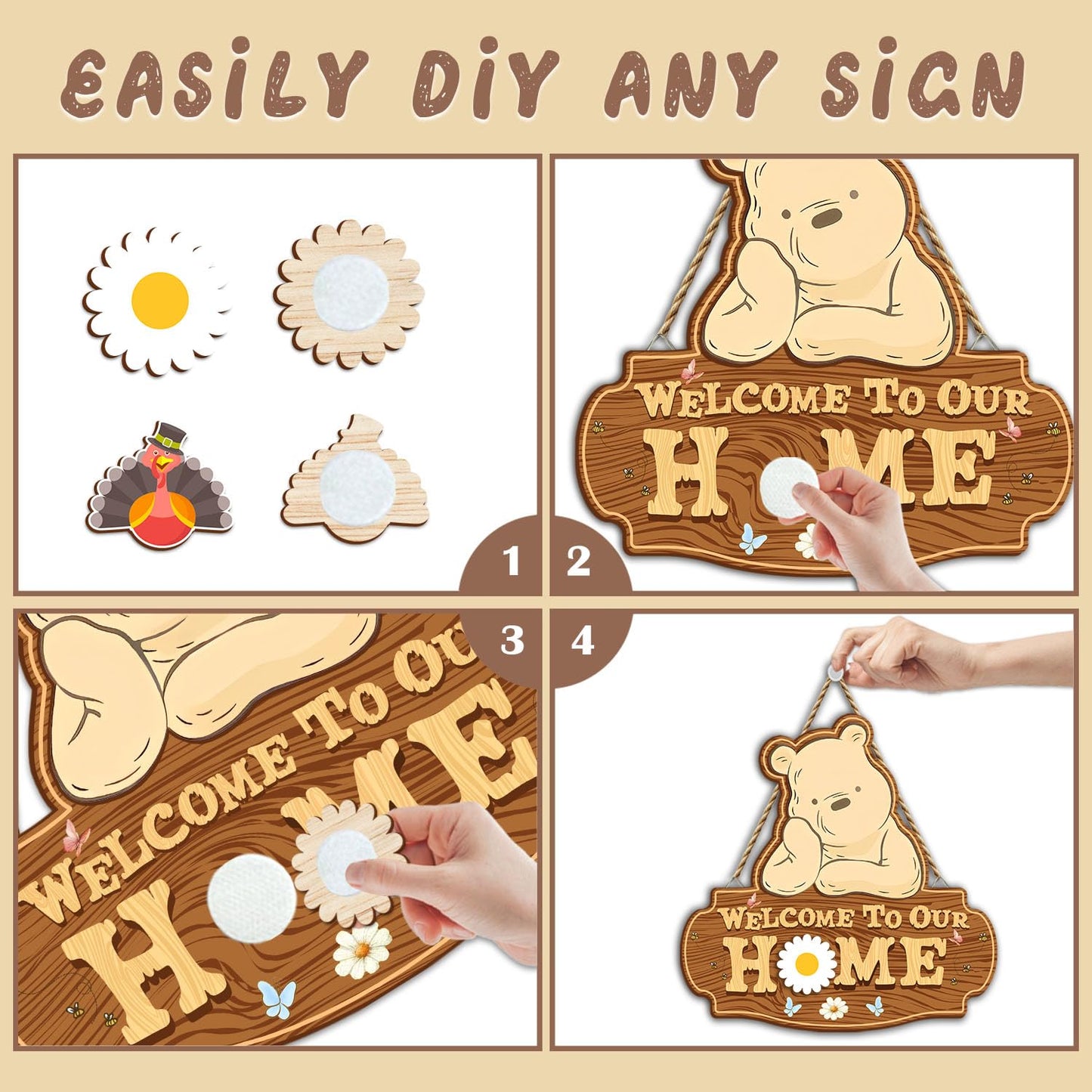 Winnie Welcome Sign for Door Decor, the Pooh Welcome to Our Home Sign with Interchangeable Holiday Sign, Christmas Party Decor Supplies, Perfect for Housewarming Gift, Christmas Thanksgiving Gifts