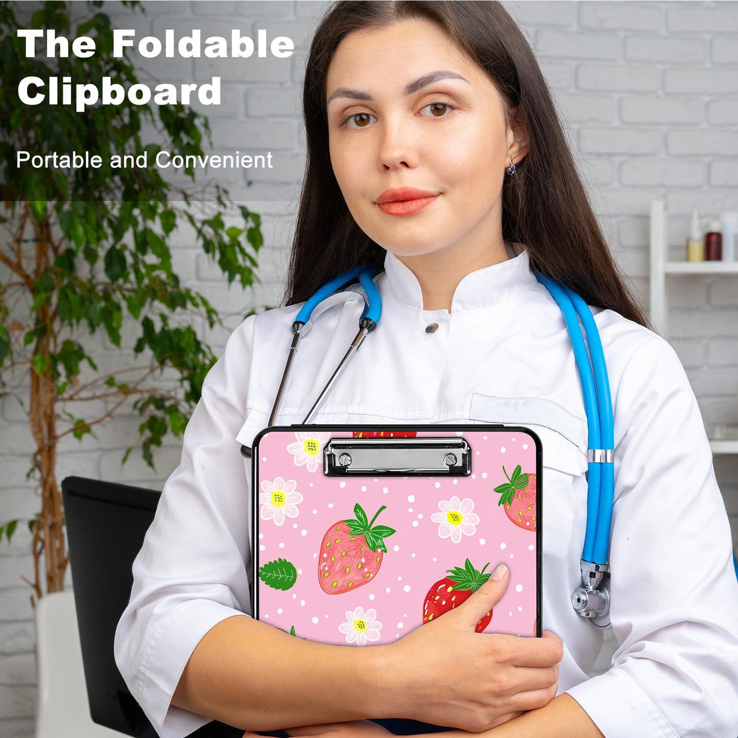 Clipboard with Storage,Plastic Storage Clipboard with Low Profile Clip, Heavy Duty Nursing Clipboards Foldable,Coaches Clipboard Case for Work, Office School Supplies,Teacher,Cute Strawberry Pink