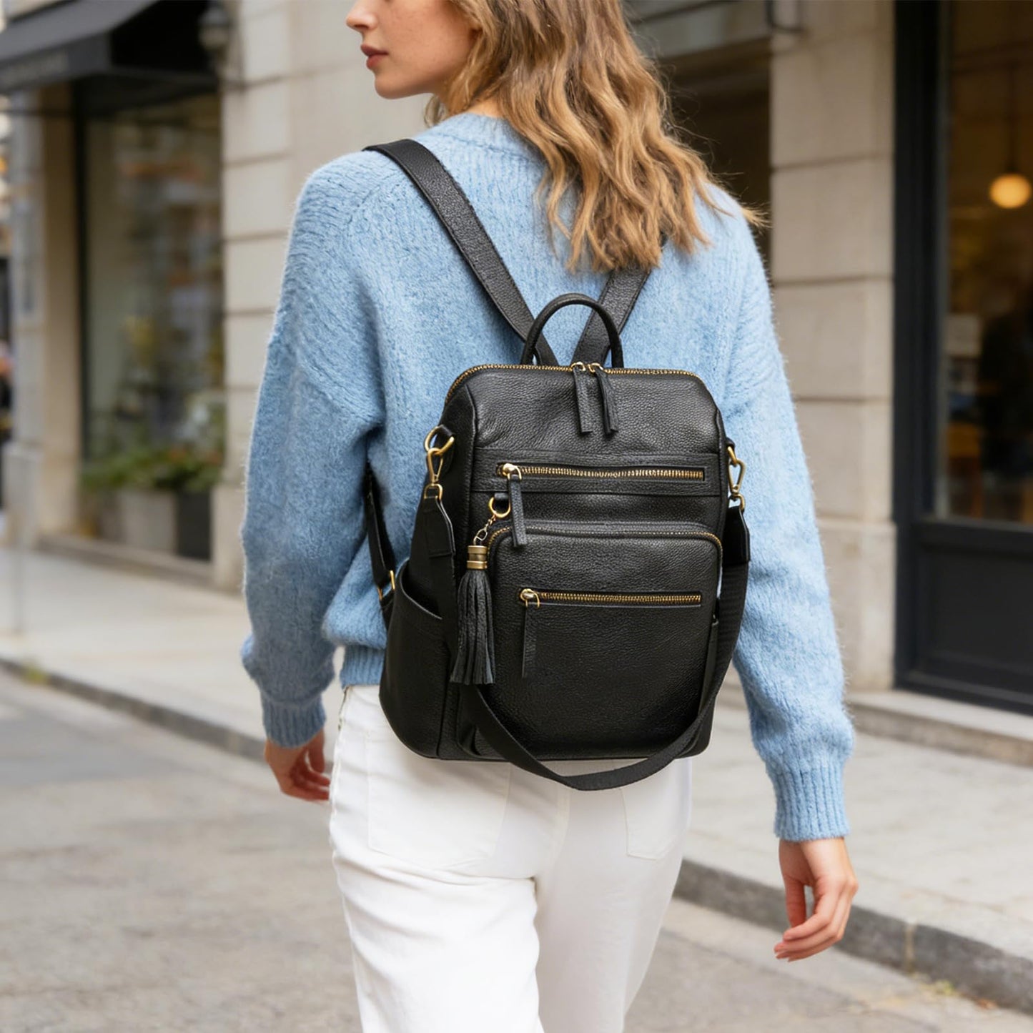UEIRY Genuine Leather Backpack Purse for Women Convertible Shoulder Bag with Multiple Pockets for Travel Work School（Black）
