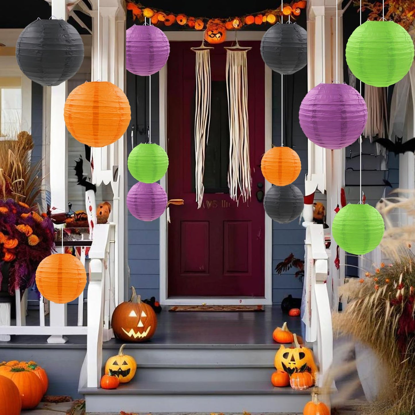 FUGUIR Halloween Paper Lanterns Black Purple Orange Green Halloween Party Decorations for Birthday Baby Shower Bachelorette Wedding Bathroom Hanging Supplies (12 PCS)