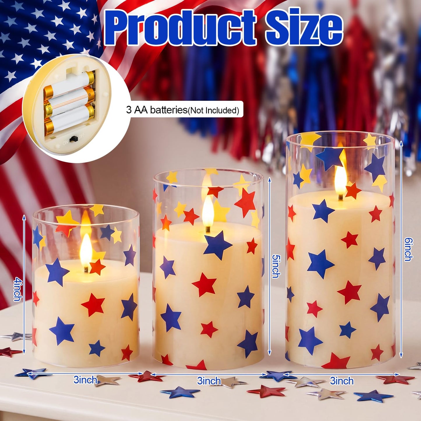 Blosssound 3 Pack 4th of July Flameless Candles Battery Operated Independence Day Stars in Blue Red Flameless Flickering Candles LED for Gifts Home 250th Patriotic Holiday 4th of July Table Decoration