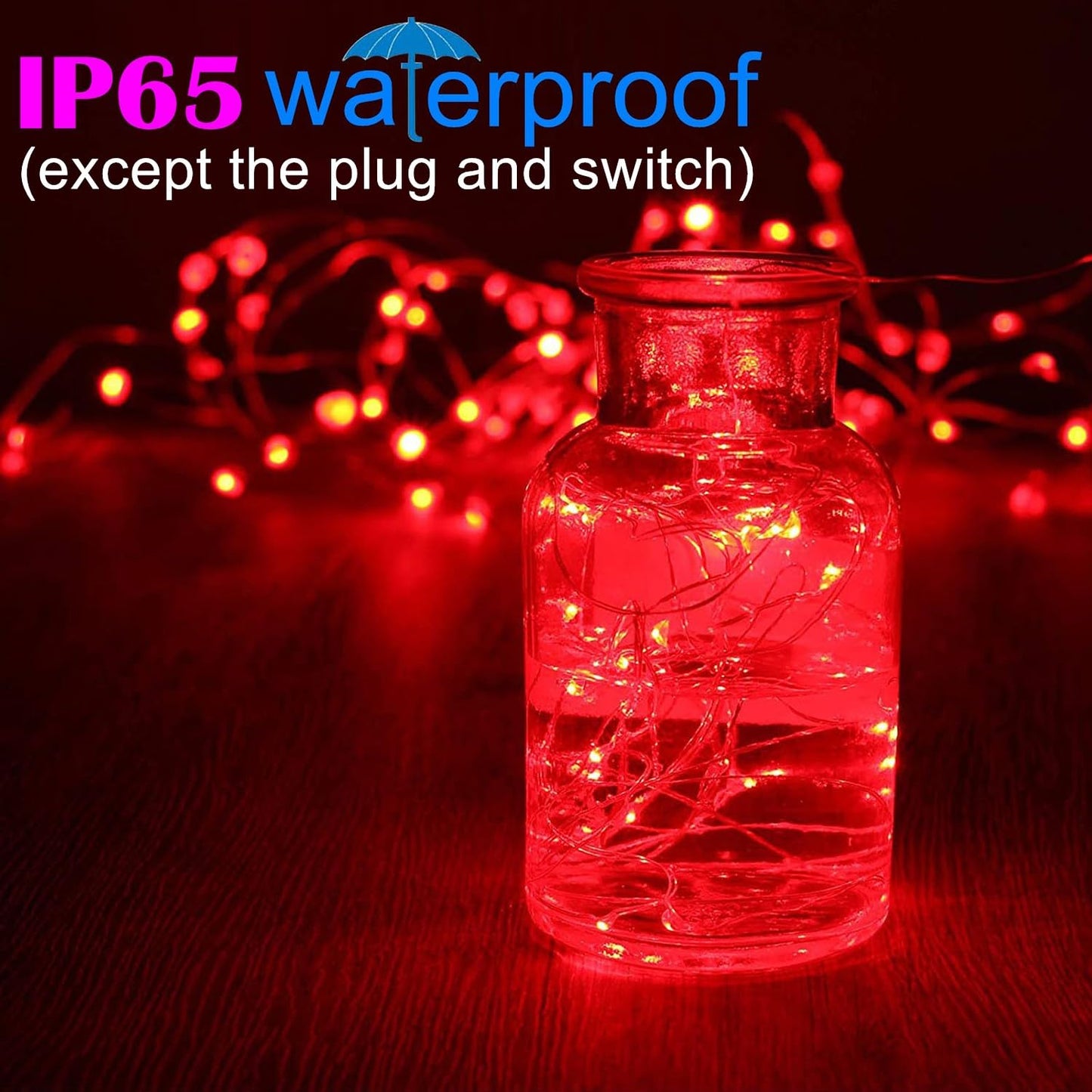 RUICHEN Plug in Fairy Lights with Switch, Waterproof 66 Ft 200 LED Silver Wire Starry String Firefly Lights for Bedroom, Patio, Garden, Balcony, Dorm, Red
