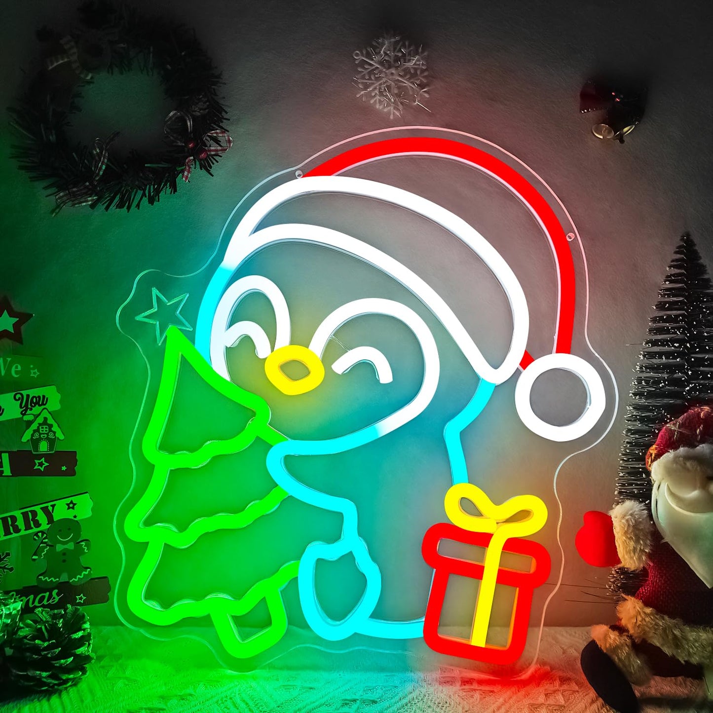Christmas Penguin Neon Sign for Wall Decor Penguin Christmas Decorations Dimmable Light Up sign for Window Led Signs for Gifts