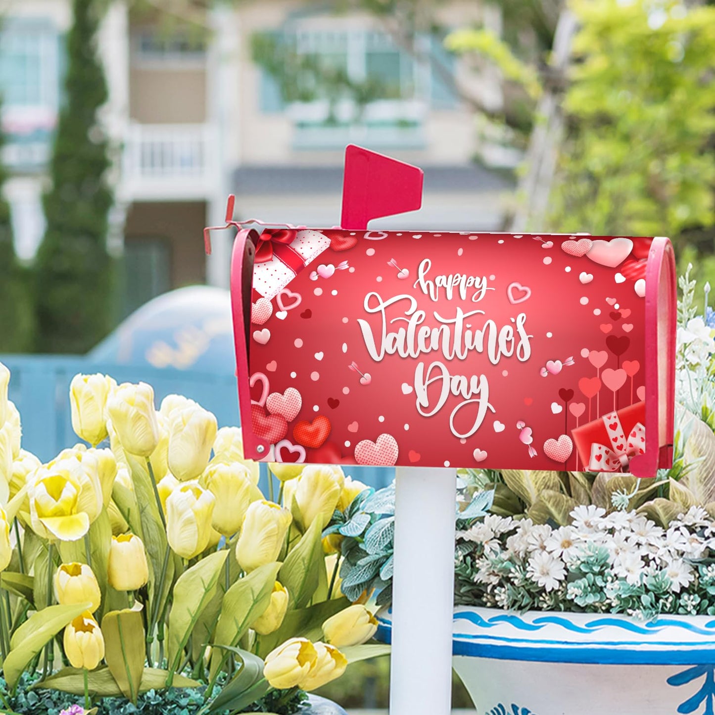 Romantic Valentines Day Mailbox Cover Large Size 25x21in Valentine Decoration Mailbox Covers Magnetic Red Pink Love Hearts Decorative Post Letter Box Wrap Decor for Anniversary Wedding Garden Yard
