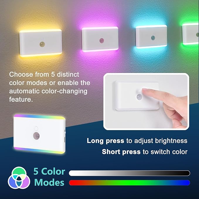 2-Pack Motion Sensor Night Light – Cruise Approved, Magnetic & Rechargeable with USB, RGB Color-Changing Modes, LED Auto Nightlight for Cabin, Bathroom, Hallway, Bed or Stairs (Indoor Travel Use)