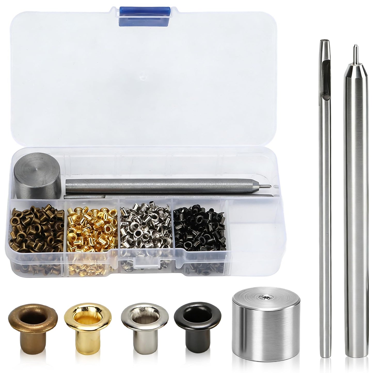Mini Grommets, 2mm Plated Copper Metal Grommet Kit Eyelet Washers Fastener Set with Plastic Storage Box for Clothes Shoes Bag Paper Leather Crafts DIY Projects