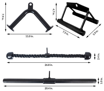 Fitvids Tricep Press Down Cable Attachment, LAT Pulldown Attachment, Weight Machine Accessories, V Handle with Rotation, Tricep Rope, Rotating Bar, V-Shaped Bar, 4-Piece