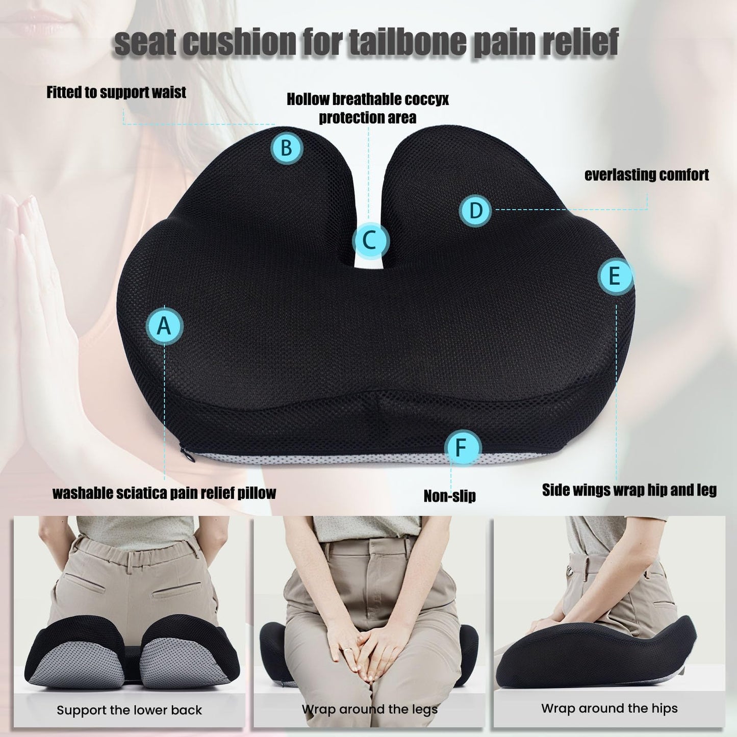 CXC Memory Foam Cushions for Office Chair – Pressure Relief Seat Cushion for Desk Chair, Car, Wheelchair, Hip & Tailbone Pain Relief Cushion for Lxx`ong Sitting, Non-Slip (Black - 3D Breathable Mesh)