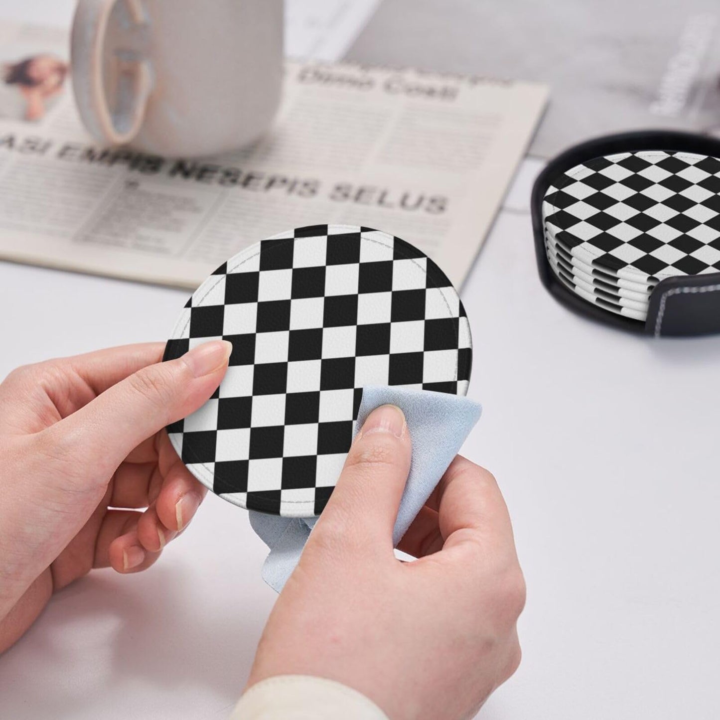 Black Checkered Leather Coasters Set of 6 with Holders for Drinks Cups, White Plaid 3.9" Round Coasters 6 Pcs for Coffee Bar Table Decor