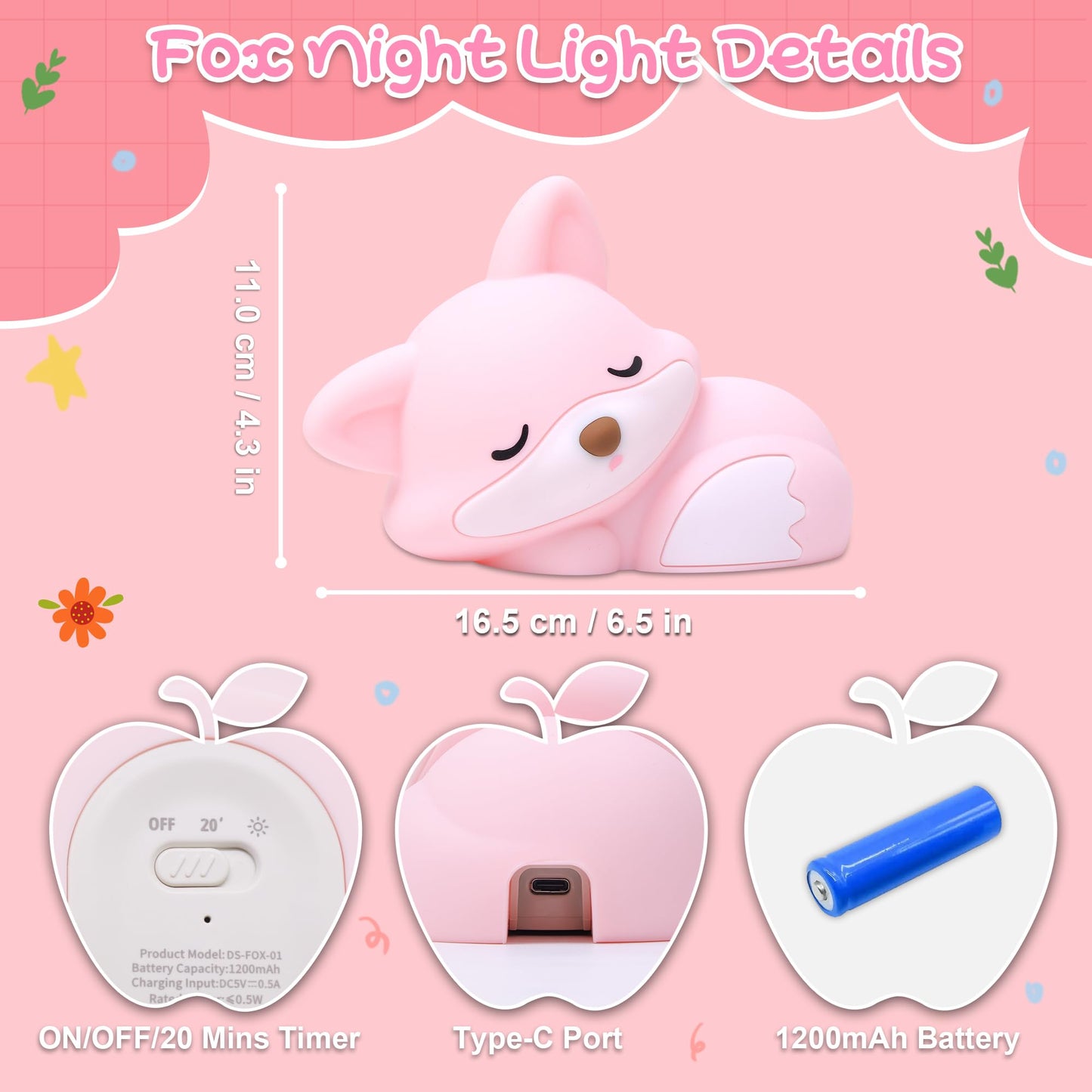 Okayera Fox Lamp for Girls, Pink Silicone Squishy Fox Shaped, 20 Mins Auto-Off Rechargeable Dimmable Night Light, Fox Gifts for Nursery Baby Girl Women, Christmas White Elephant Gifts Idea