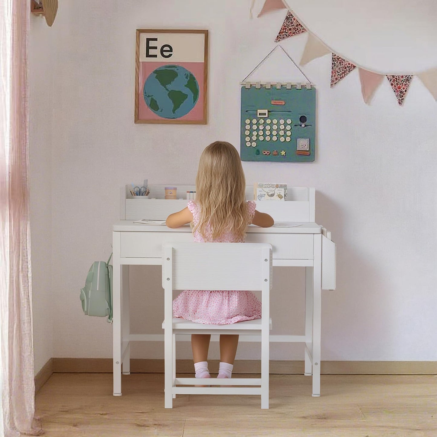 BOLUO White Kids Desk and Chair Set for 5-8 Year Old, Small Child Desk with Fabric Drawer, Children Study Table with Storage Toddler Girls Boys