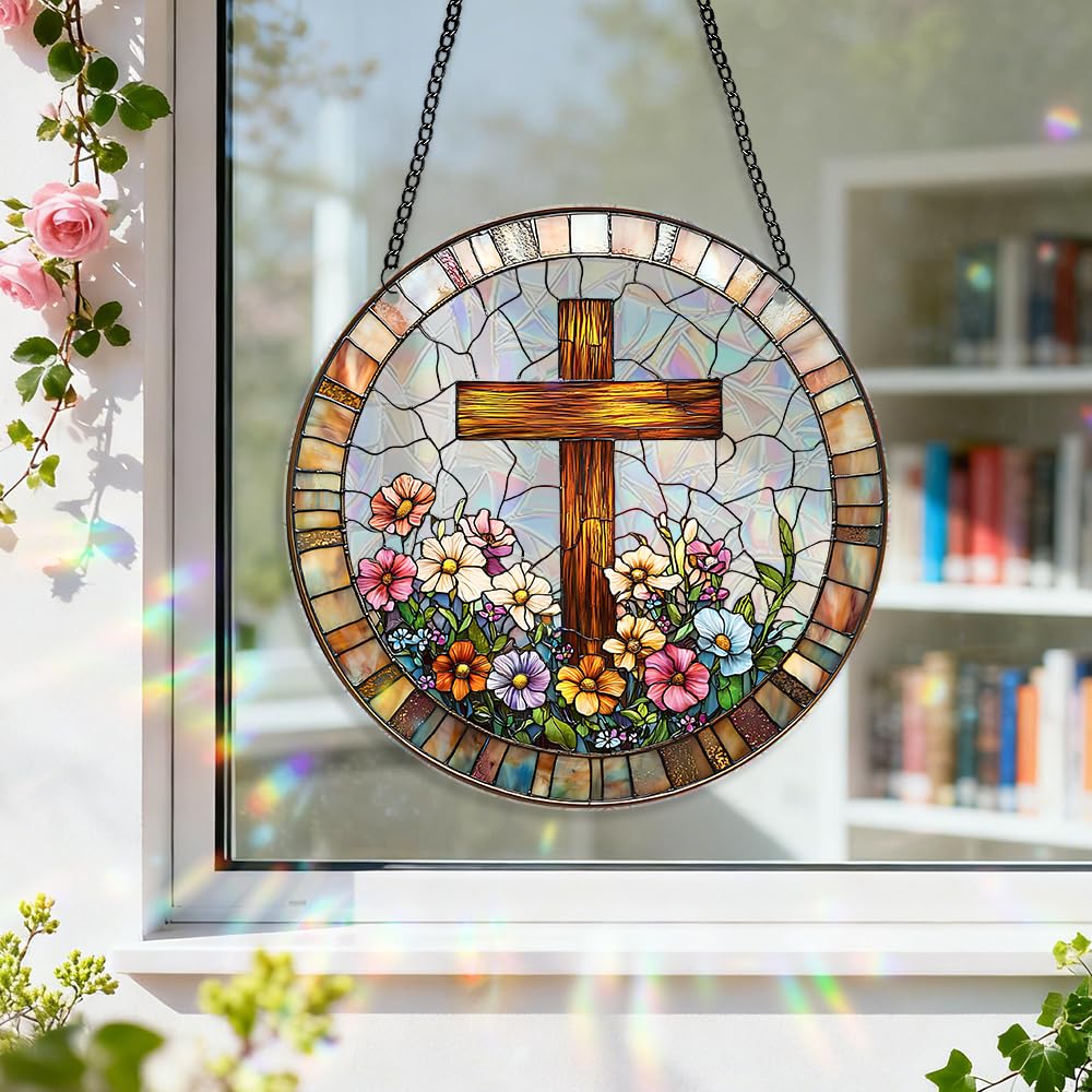 zhuoyaju Acrylic Suncatcher Window Hanging, Cross Sun Catcher Rainbow Indoor Window Decoration for Living Room Bedroom, Summer Home Balcony Ornaments Deco, 7.87 x 7.87 inches