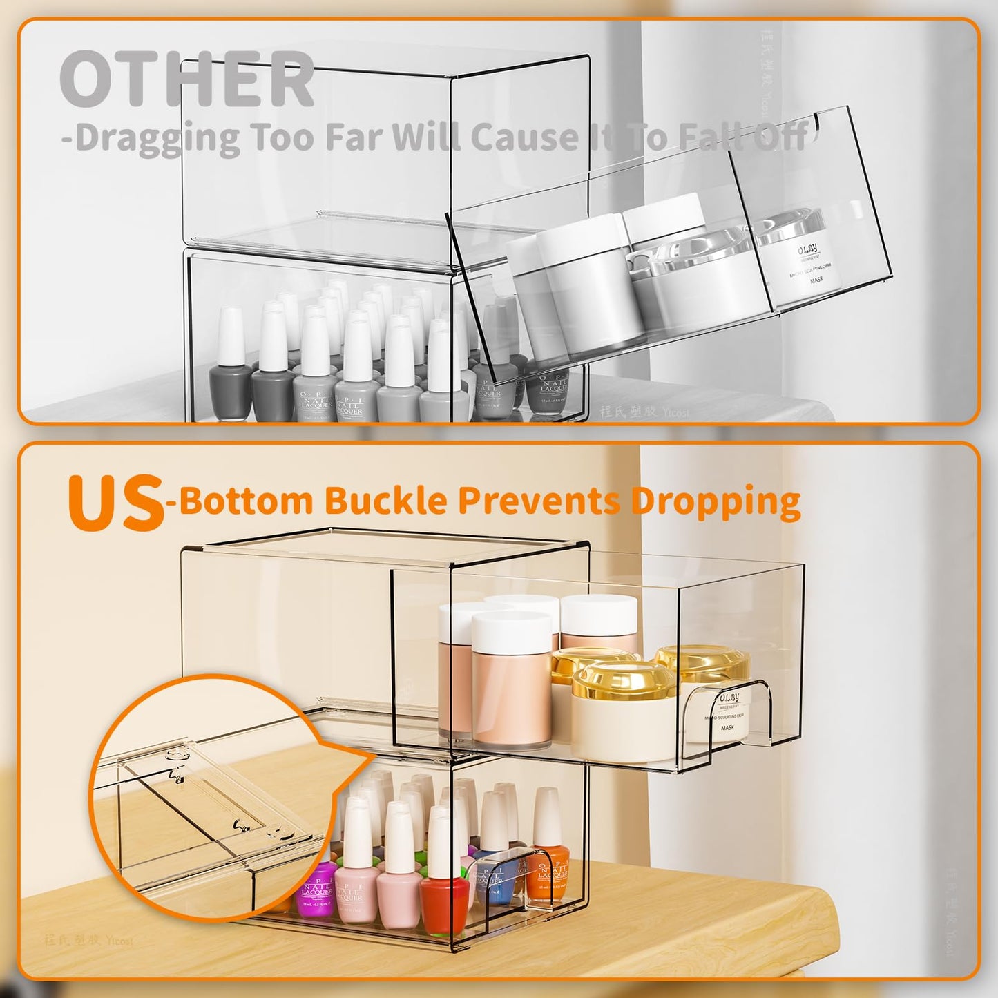 Yieach 4 Pack Clear Stackable Storage Drawers,4.4'' Tall Acrylic Drawer Containers for Organizing,Bathroom Organizers and Storage Bin Box,Plastic Makeup,Medicine Organizer Bins for Cabinet,Undersink