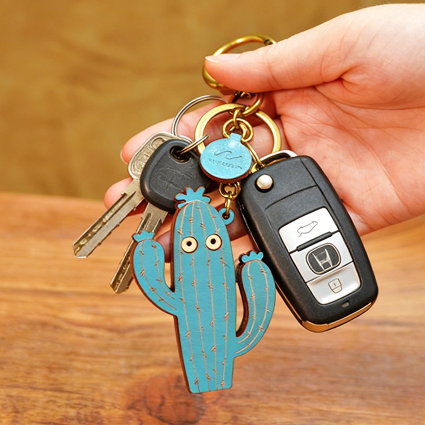 NEWGOCRAFT Keychain Charms 3D Cute Genuine Leather Handmade Crafts Cactus Pendant Keychains Accessorie (Blue)