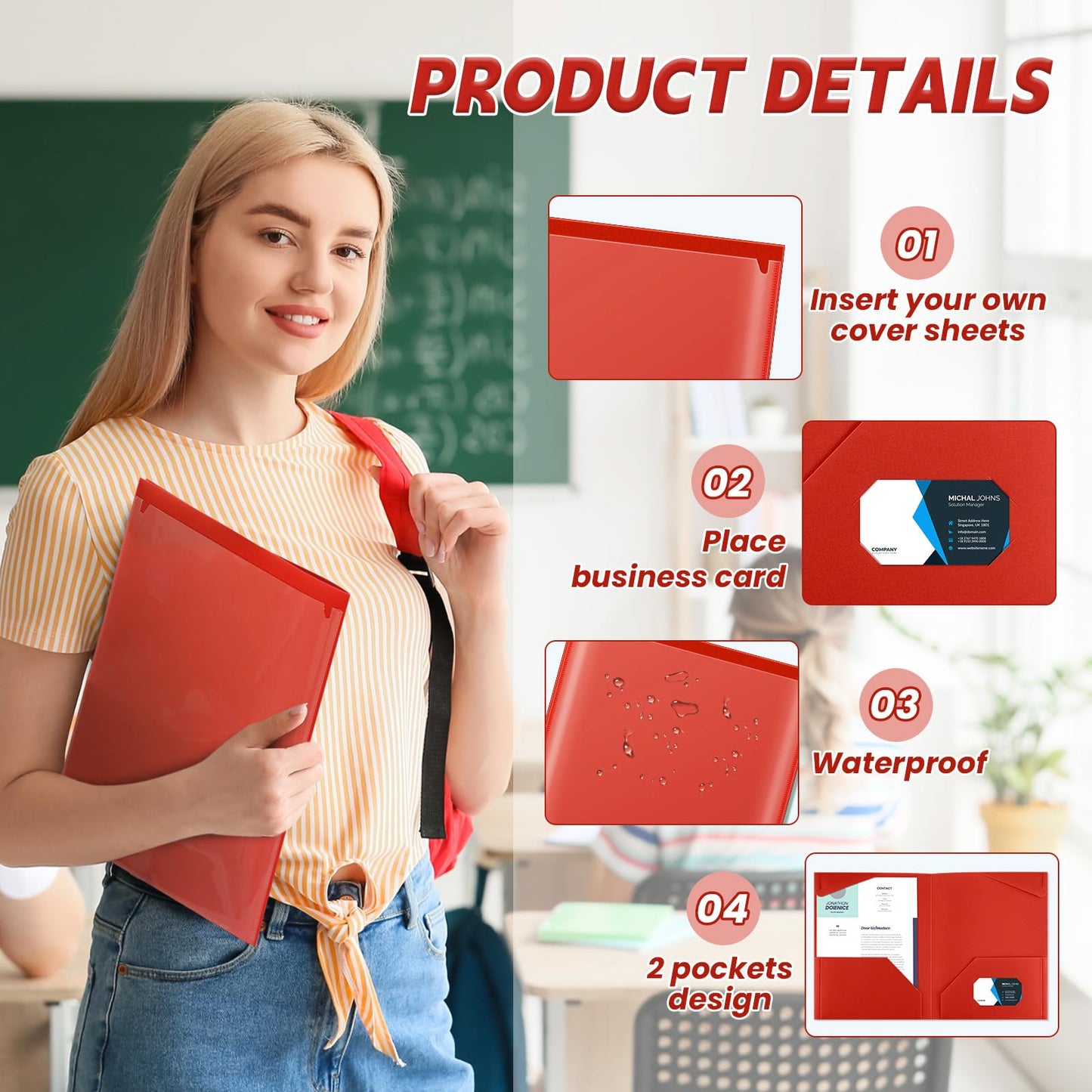 Henoyso 60 Pack Plastic Folders with Clear Front Pockets Heavy Duty File Folders with 2 Pockets and Card Slot for Classroom, School & Office Bulk Supply (Red)