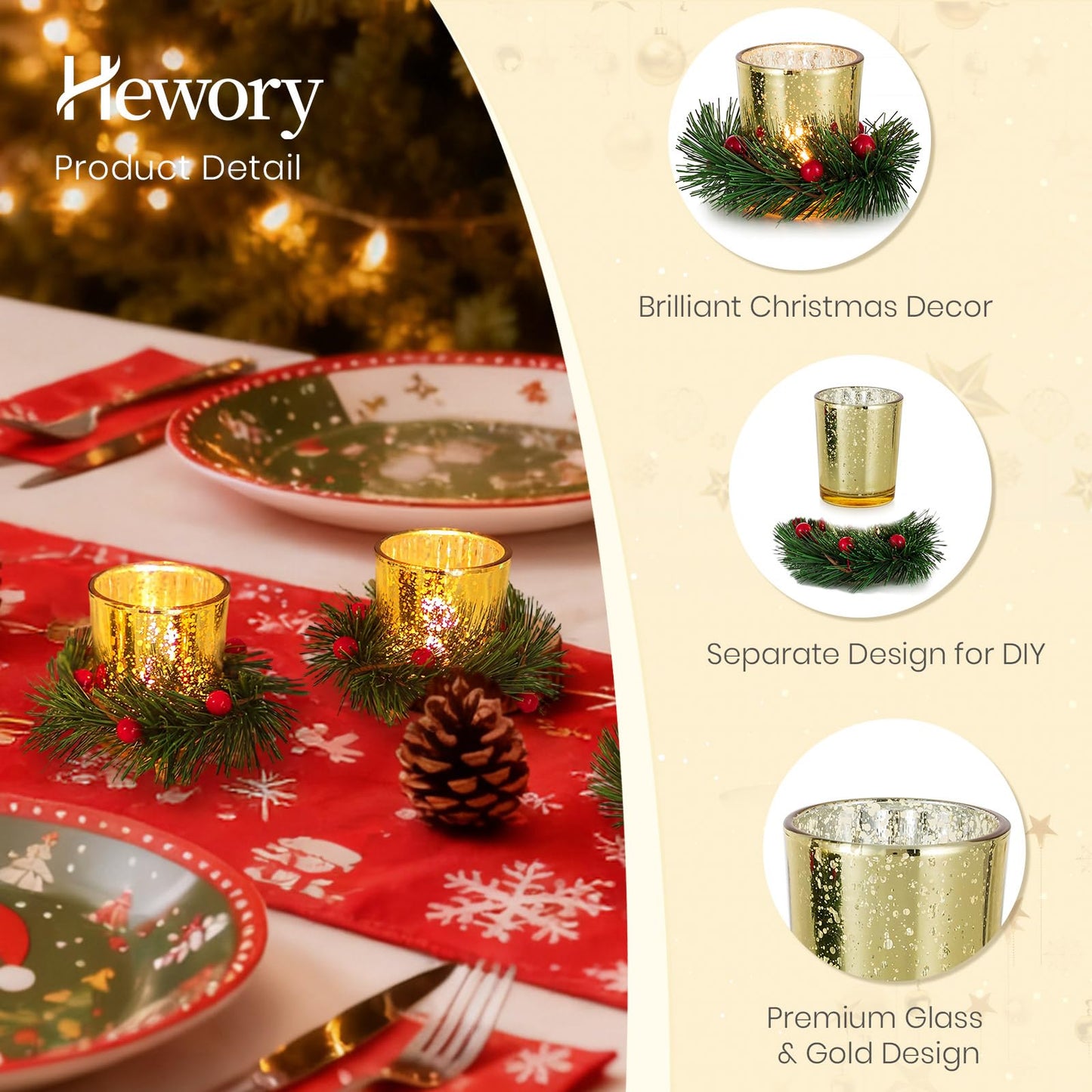 Hewory Christmas Tealight Candle Holder: Set of 6 Decorative Gold Tea Lights Candleholder with Xmas Wreath, Christmas Decoration Votive Candle Holders for Dinner Table Centerpieces Living Room Holiday