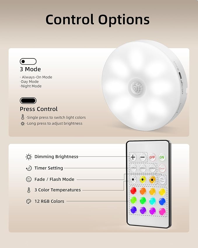 EZVALO 6-Pack Under Cabinet Lighting, Rechargeable Motion Sensor Puck Lights with Remote, 3 Color Temps &12 RGB Colors, Magnetic Stick on Light, Dimmable Under Counter Lights for Kitchen, Shelf, Stair