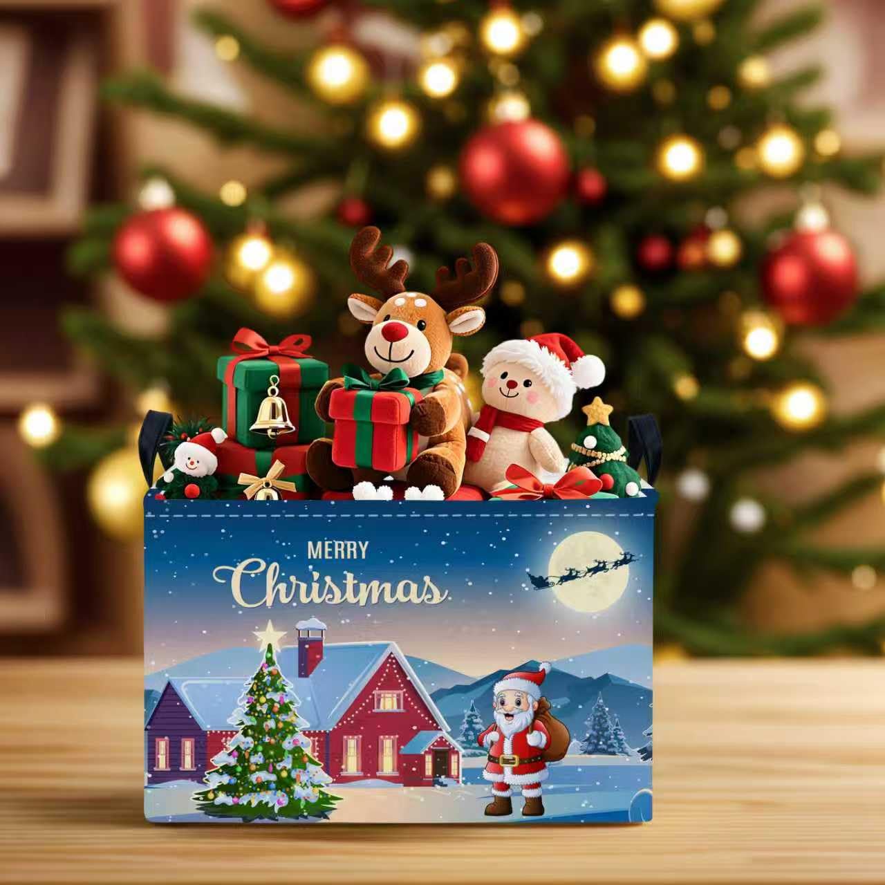 NIETEIN Large Kids Christmas Holiday Gift Empty Baskets Collapsible Families Holiday Storage Bin with Handle (Santa Claus Tree)