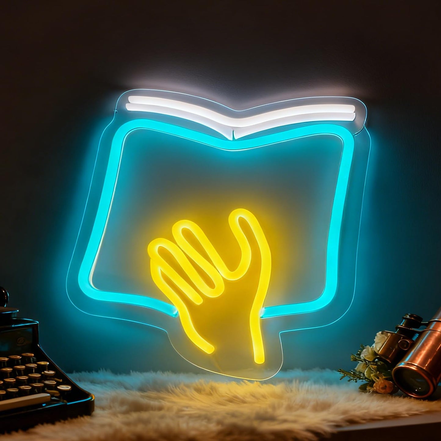 Reading Theme LED Neon Sign, Book with Hand Shape Neon Light, Library Study Room Home Bedroom Wall Table Decor, USB Powered Dimmable Decorative Light 9.8 x 8.5 In