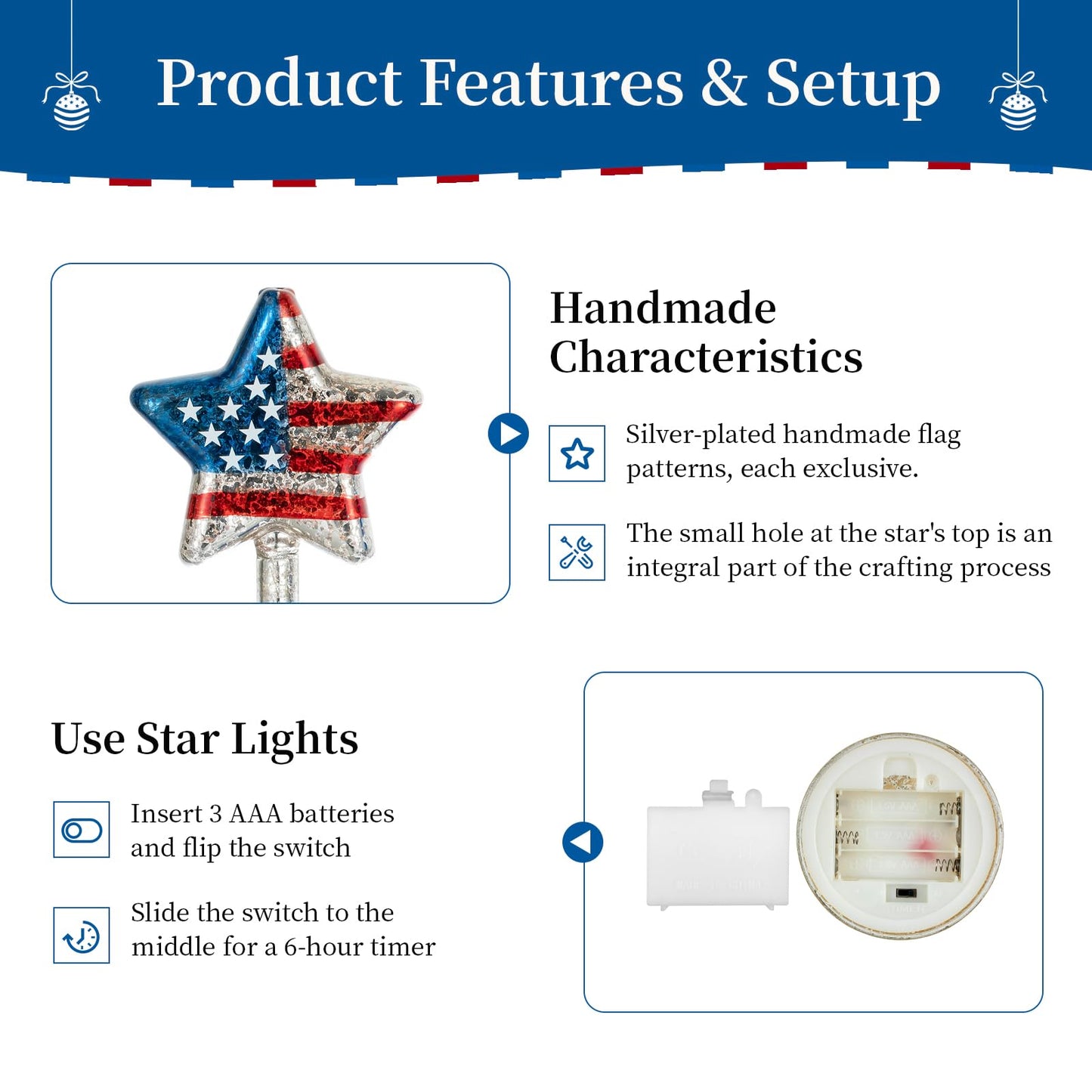Glasseam 4th of July Decorations Centerpiece: 3PCS Memorial Day Decorations for Table Red White and Blue Lights with Timer Mercury Glass Patriotic American Flag Stars Lights for Home Party Ornaments
