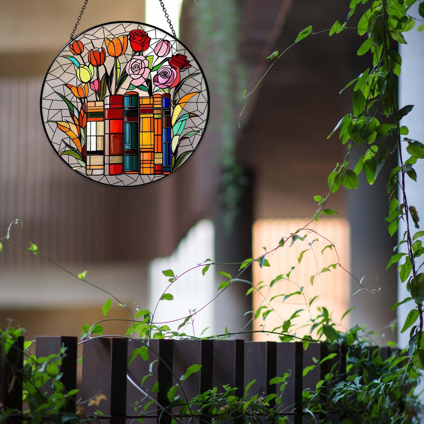 RVEAFA Flower Book Stained Glass Window Hanging 7.8'' Sun Catcher Book Club Lover Gifts for Women Christmas Wall Decor Handmade SunCatcher Decoration for Garden Home Bookish Library Decor