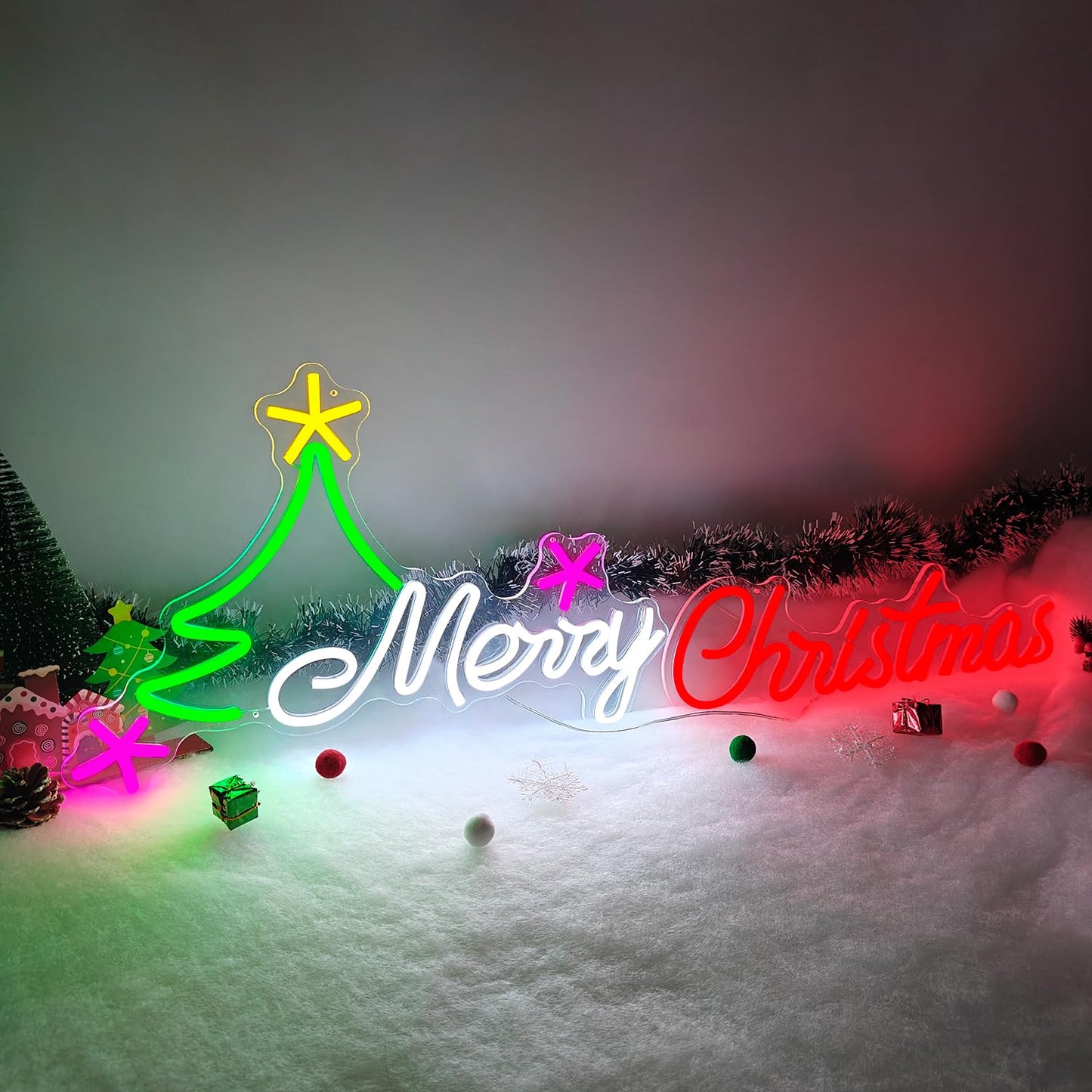 Large Merry Christmas Neon Sign for Wall Decor 19.69 * 13.11&18.11 * 6.57inch Merry Christmas Led Sign Dimmable Xmas Tree Neon Light Up Signs for Xmas Party Window Home Bar Club Shop Decoration Gifts