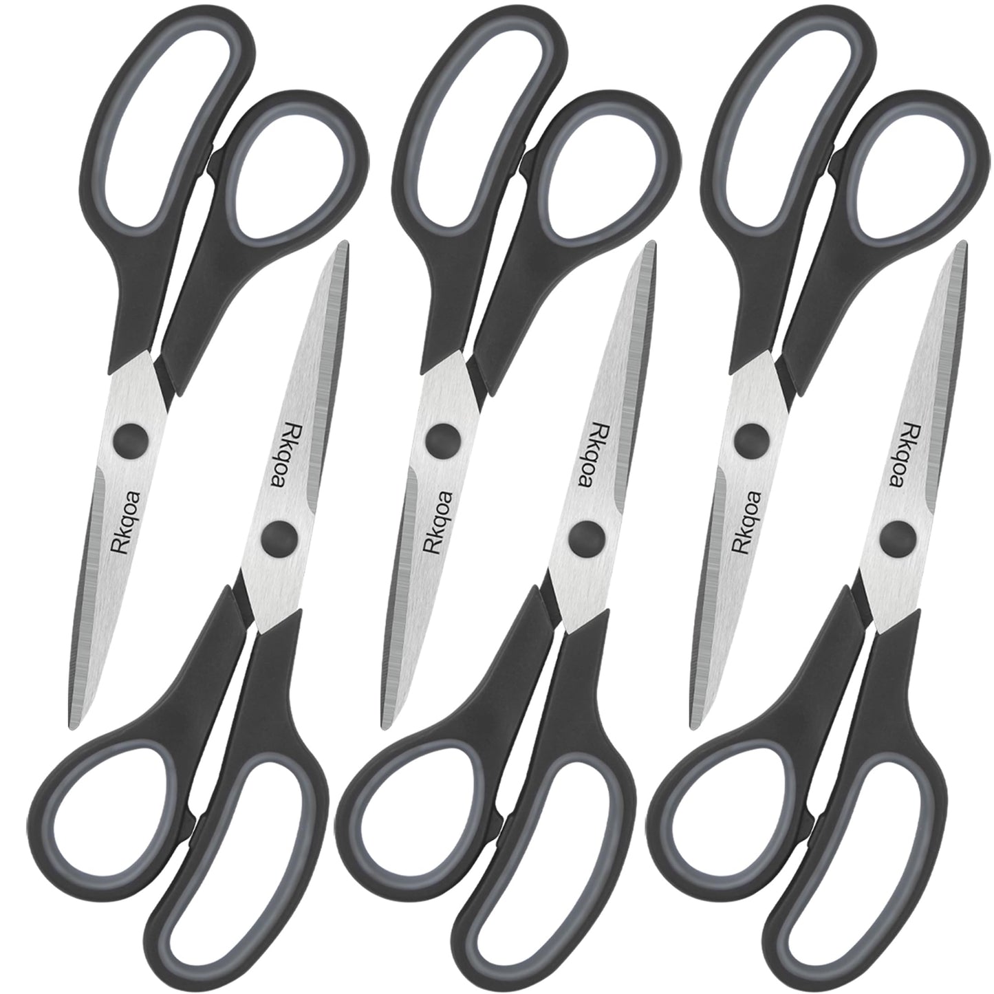 Black 6 Scissors Pack, Rkqoa 8" All Purpose Scissor - High Performance and Designed for Everyday use, Stainless Steel Shears Set with Comfort-Grip, Right/Left Handed