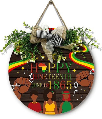 Happy Juneteeth Door Sign June 19th 1865 African Afro American Emancipation Round Wooden Sign with Bow Wreath Independence Day Freedom Day Door Hanging signs for Front Door Festival Decor