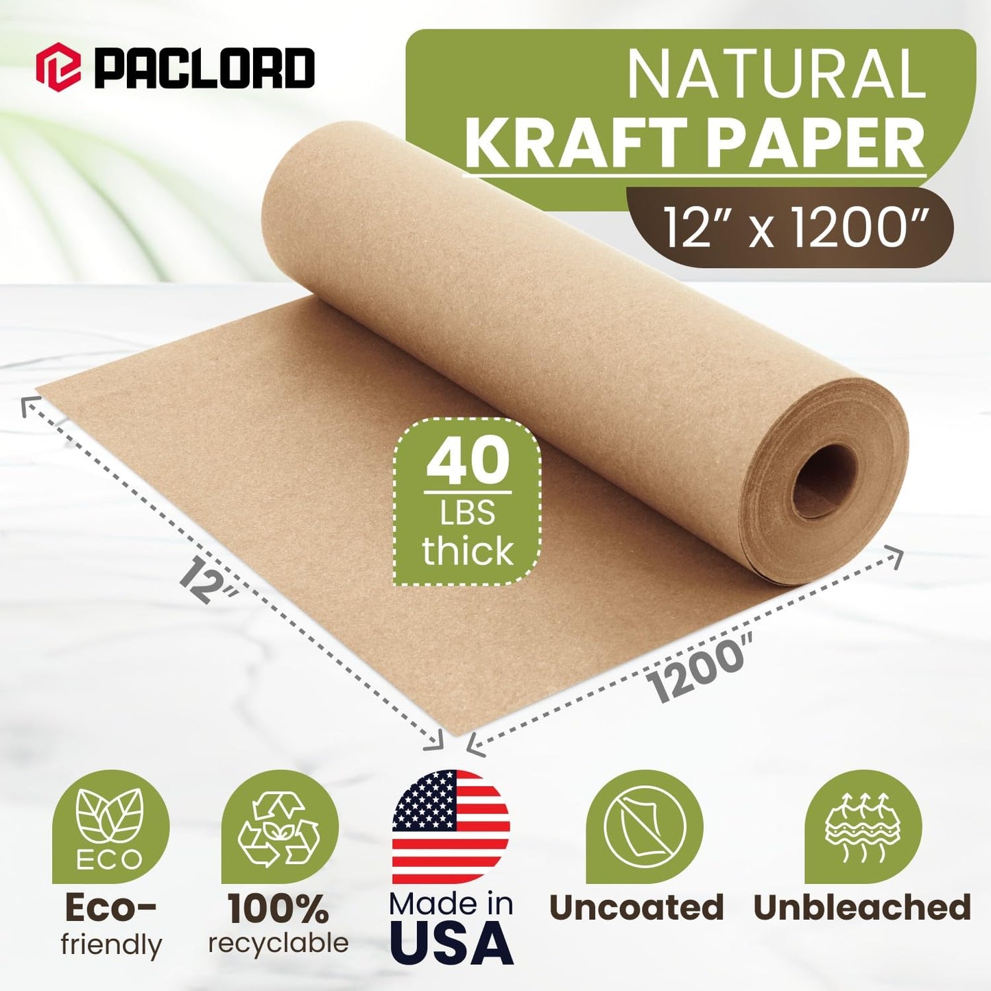 Paclord 12" x 1200" (100 ft) Natural Kraft Paper Roll – USA Made Non-Toxic, Odorless, 100% Recyclable Brown Wrapping Paper for Shipping, Packaging, Crafting & Gift Wrapping