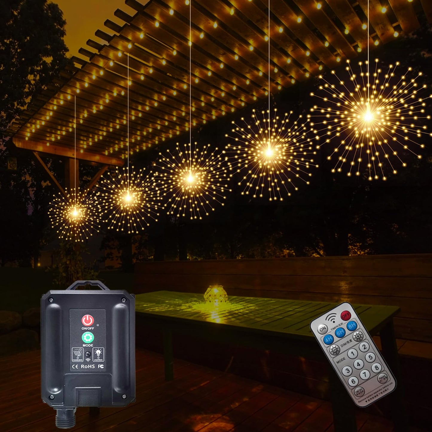 SHUKAN 5 Pcs 1000LED Solar Starburst Sphere Lights,Firework Light Remote Control Timer 8 Modes Dimmable Waterproof Hanging Fairy Light, Sparkly Lights for Patio Garden Tent Outdoor(Warm White)