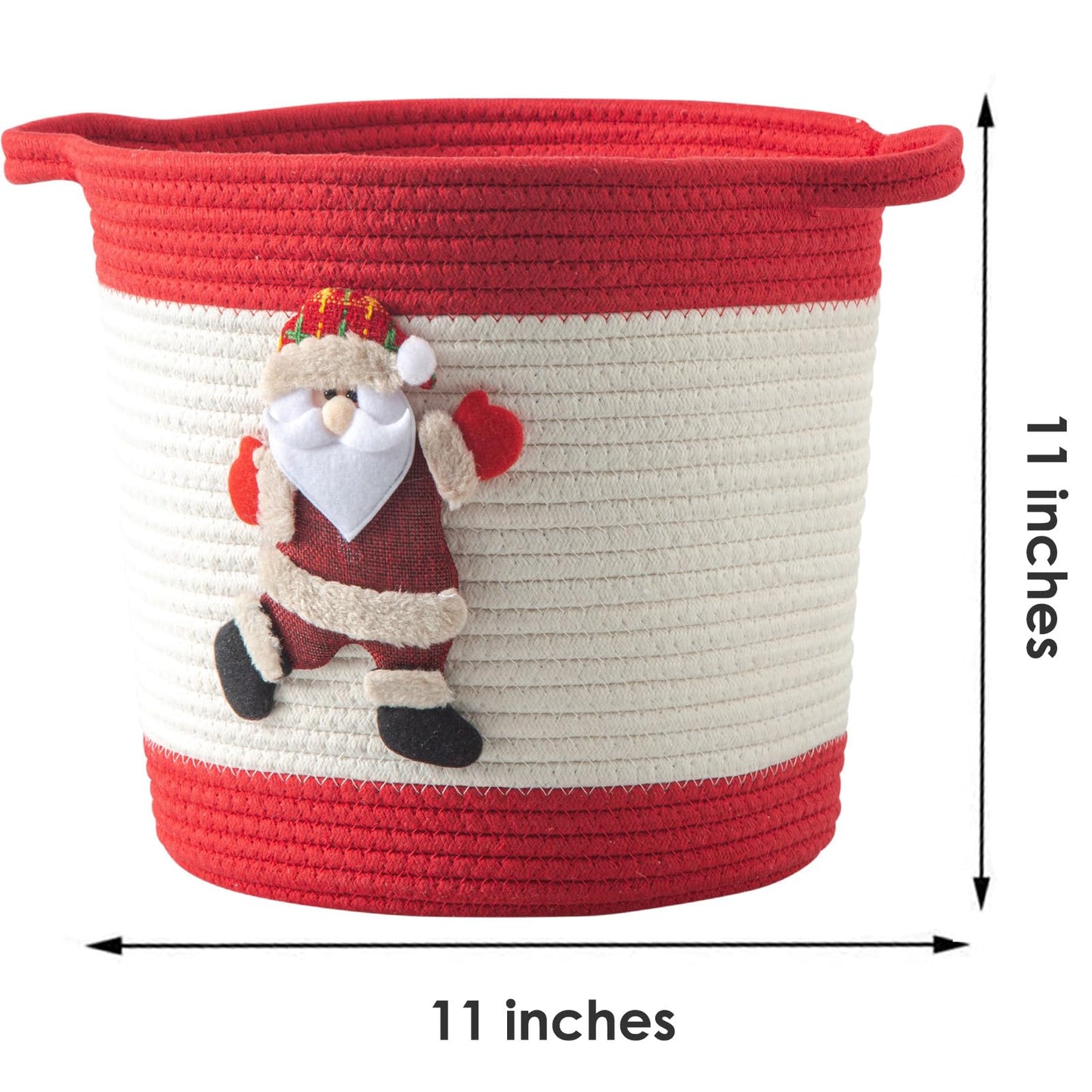 HomeyPine Christmas Basket with Santa Claus Doll, Woven Cotton Rope Christmas Storage Basket with Handles, Christmas Toy Baskets for Baby Towels, Diapers, Pet Toy Storage Basket, Red