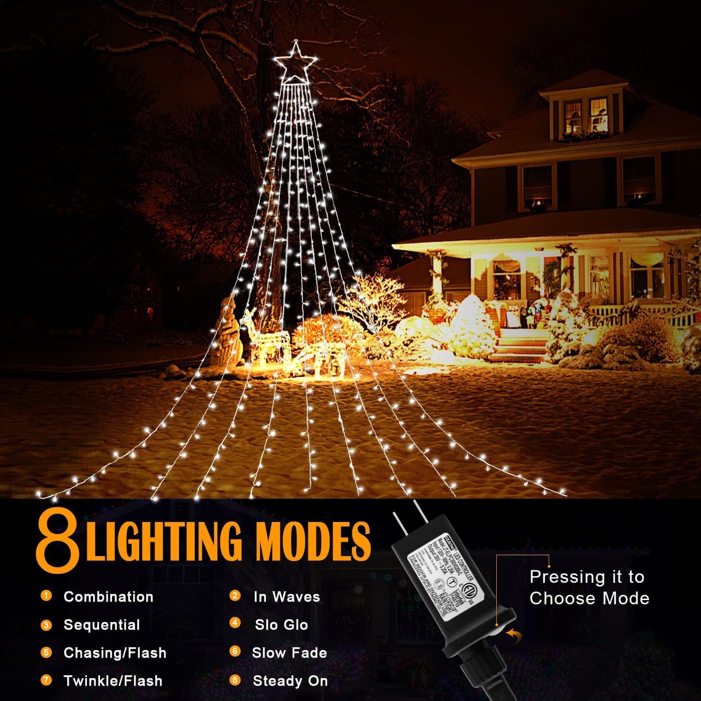 MINIAO Christmas Decorations Star String Lights, 320 LED Waterfall Tree Lights with 13" Topper Star 8 Lighting Modes Indoor Outdoor Decorative for New Year, Holiday, Wedding, Party