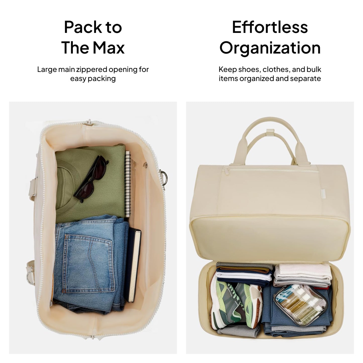 Travel Duffle Bag for Women, 40L Weekender Bags Airline Approved Carry On with Shoe Compartment & Waterproof Wet Pocket, Durable Nylon Weekender Overnight Bag for Travel, Gym, Business Trip, Beige