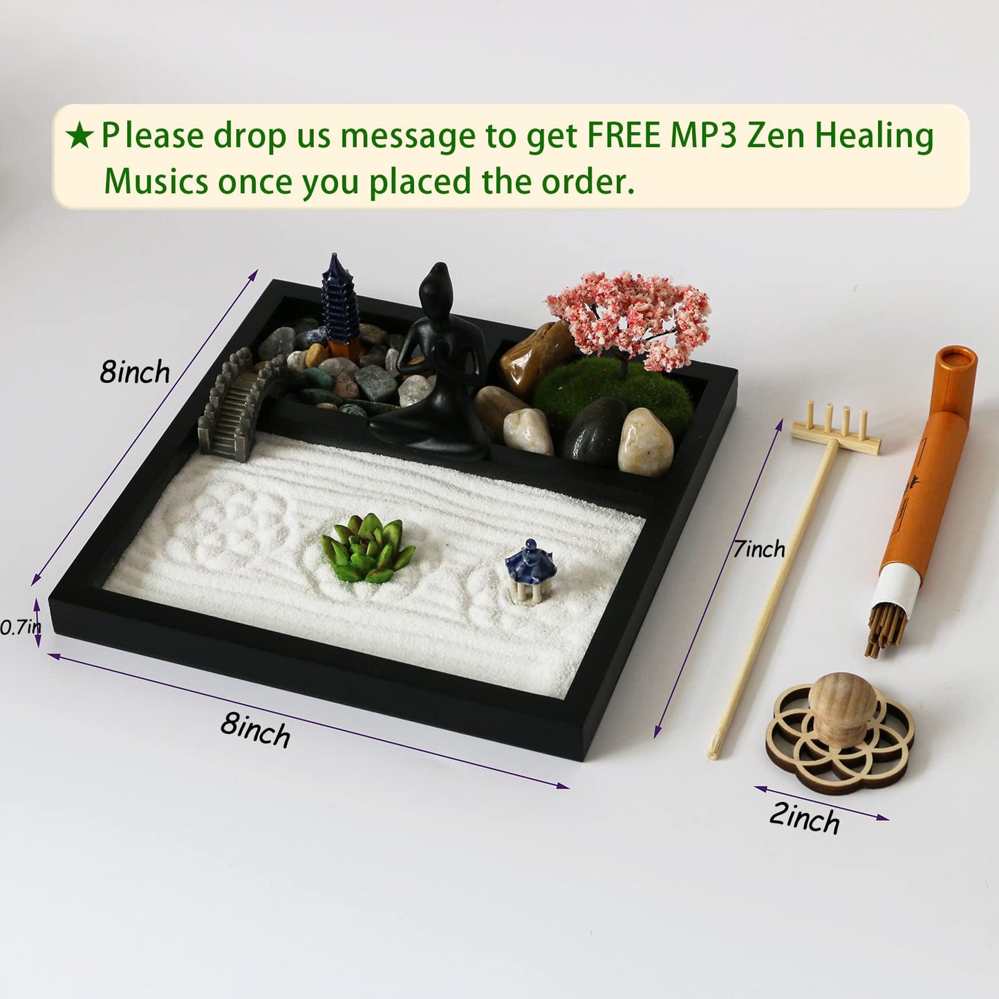 BangBangDa Desktop Meditation Yoga Zen Garden Kit Japanese Tabletop Rock Sand Chakra Shrine Altar Japanese Zen Decor Home Office Desk Zen Gifts for Women Man Birthday w/Rake Tool Accessories Bonsai